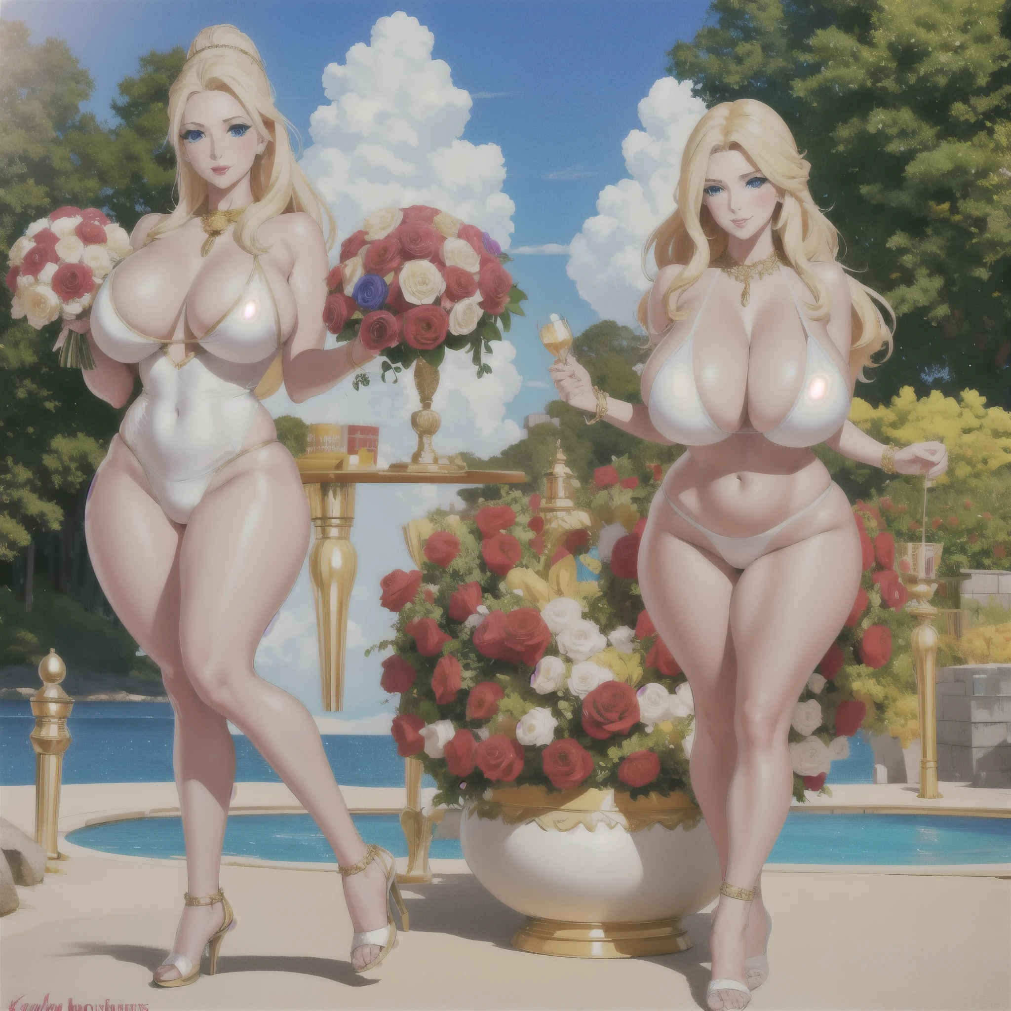 An extremely beautiful stunning busty woman, with gold blonde long silky hair, big blue eyes, extremely super bright snow white fair stunning flawless glowing lush shiny flawless white skin, a perfect tight hourglass figure, and a skinny waist, sexy thick smooth luscious legs and thighs, extremely cute smile on the face, bright pink blushes on cheeks, wearing a short sexy tight revealing white sexy bikini with threadsr, yellow heels, gold necklace on the neck, gold anklets on feet, gold chain on the waist, standing straight, holding a red roses bouquet, beach in the background, show full body from head to feet.