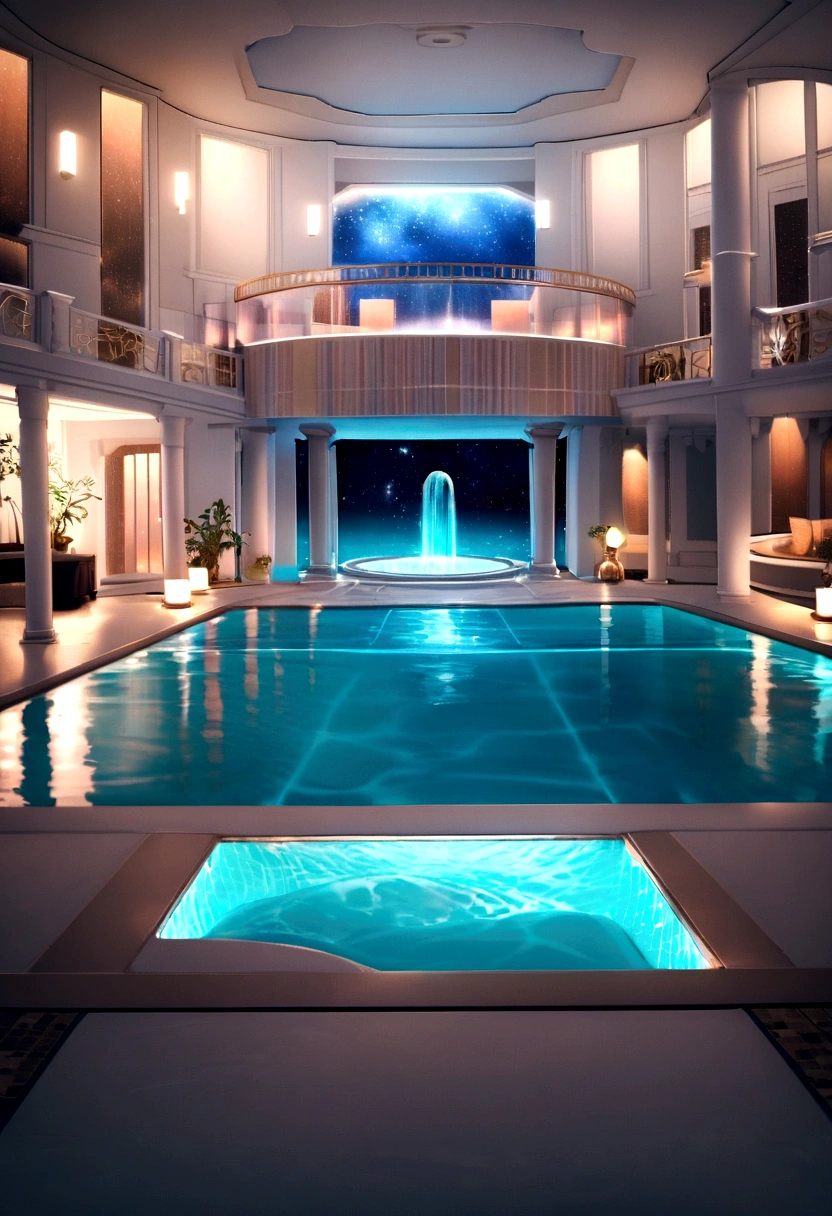 there is a large indoor pool with a waterfall in the middle, a pool inside the giant palace, Wellness pool, Dreampool Rooms, in a luxurious swimming pool, luxurious furnishings, indoor pool, Glass floor, futuristic setting, dream pool, aesthetics of border space, Wellness Spa and Meditation Center, Brightly lit blue room, water temple, Small wellness relaxation pool