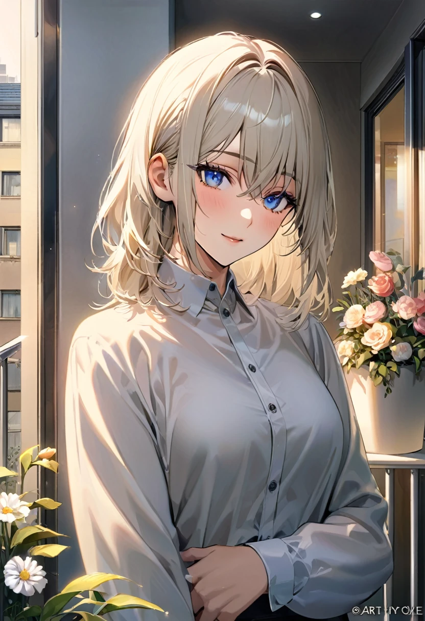 Manga cover style, detailed.
best quality, art, detailed face, in the style of lora marvin.
Alex is a 32-year-old man, slender and of medium height, with fair, flawless skin. Her platinum blonde hair is always well styled and her deep blue eyes are highlighted by eyeliner.

he is on the balcony of an apartment with flowers