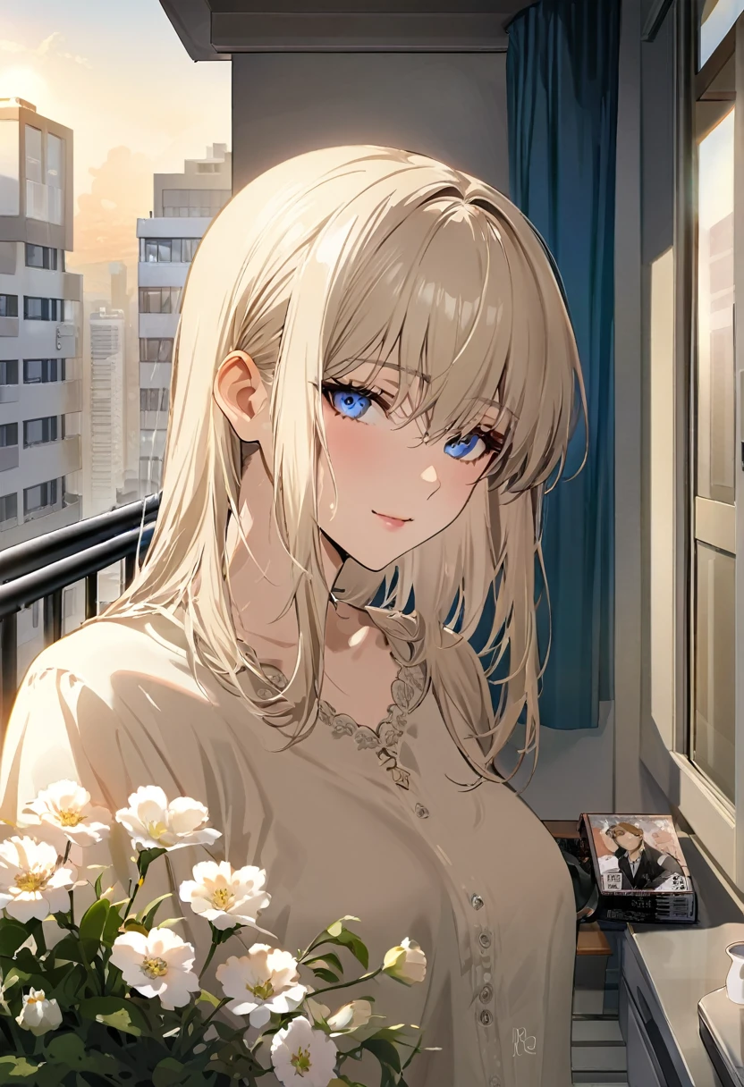 Manga cover style, detailed.
best quality, art, detailed face, in the style of lora marvin.
Alex is a 32-year-old man, slender and of medium height, with fair, flawless skin. Her platinum blonde hair is always well styled and her deep blue eyes are highlighted by eyeliner.
he is on the balcony of an apartment with flowers