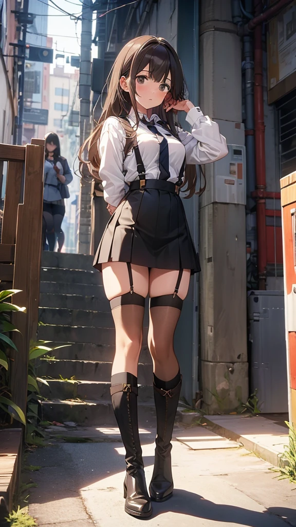 brown hair、looking at the viewer suspenders Bulging big breasts Black miniskirt garter belt knee high socks Gaze small face bangs Beauty hands up Gaze black boots provocation one person put your hands behind your back cutter shirt Panty shot hands behind put your hands behind your back