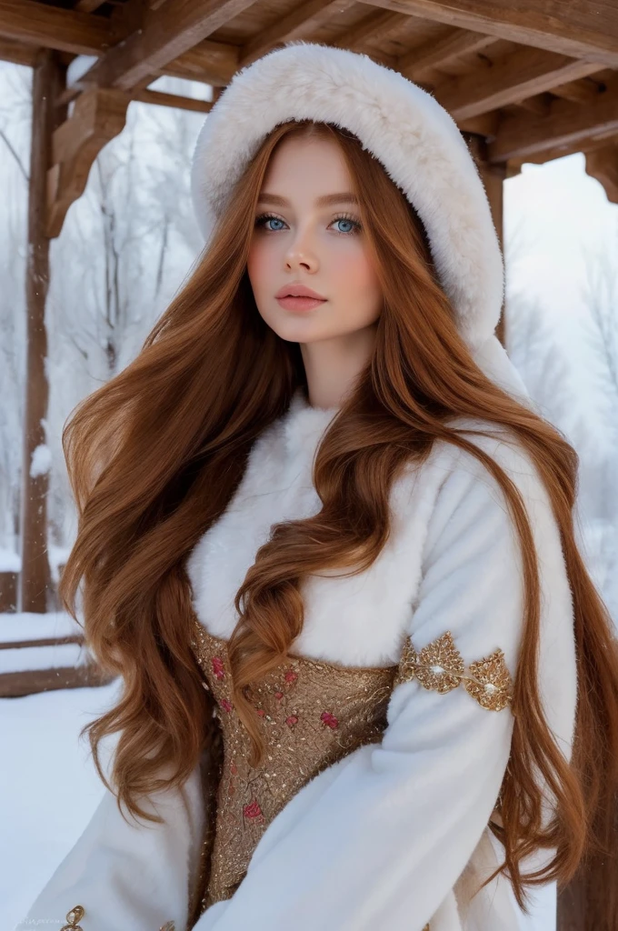 A gorgeous, pretty, shiny, kind-hearted, warm-hearted, sweet, polite, sensitive, friendly, charming, graceful, stylish, classy, alluring, majestic, ethereal, angelical ginger long haired russian woman dressed in traditional winter costumes.