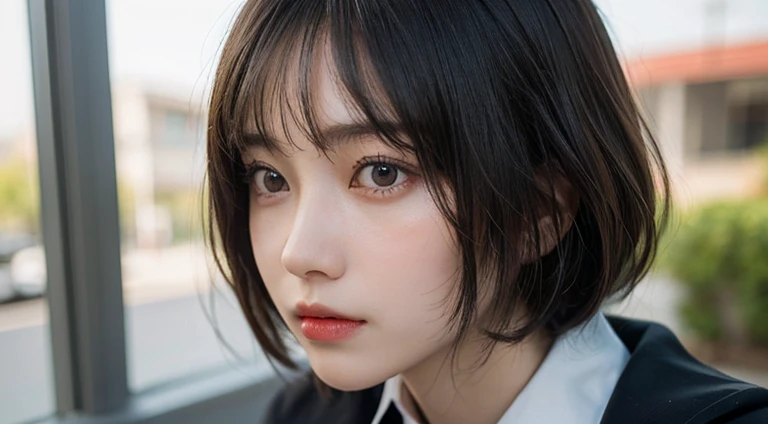 (Bob Cut Hair:1.2),(Wearing school uniform:1.2),1 girl,Japanese,21 years old,(Small breasts:1.3),(Highest quality,masterpiece:1.3,超A high resolution,),(Ultra-detailed,Caustics),(Photorealistic:1.4,RAW shooting,)Ultra-Realistic Capture,Very detailed,High resolution 16K human skin close-up。 Natural skin texture、,Pores、、It needs to be detailed enough to be easily identifiable。 Skin should be even-toned and healthy looking。 Use natural light and colour, Sad expression, Looking at the camera, Perfect dynamic composition, Outdoor