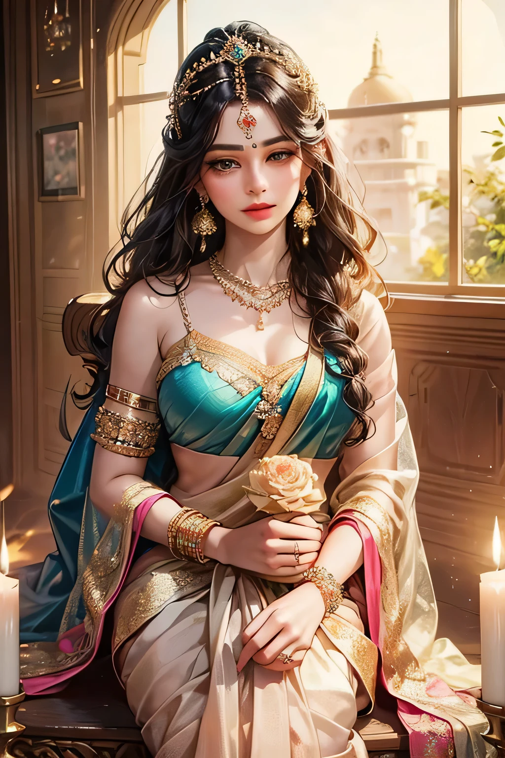 Goddess, very beautiful, animated style, closeup shot, anime in a (((combination indian traditional saree))) (((saree))) (((blouse))), long black wavy hair untied, head jewellery, head clips, head chains, head tiara, necklace, long and beautiful earings, armlets, bangles and bracelets, rings, pleasant expression, bright big black eyes, holding a flower, natural beauty, vibrant colors, dreamy, northern light, pink bubble, romantic, soft lighting, vintage aesthetic