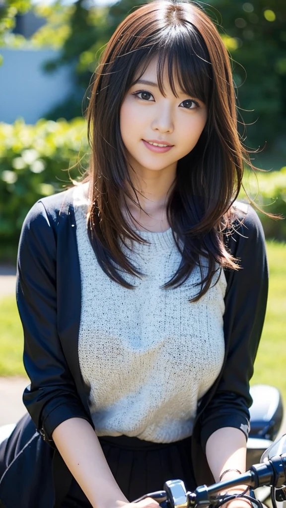 Close-up of a cute Japanese girl riding a motorcycle,