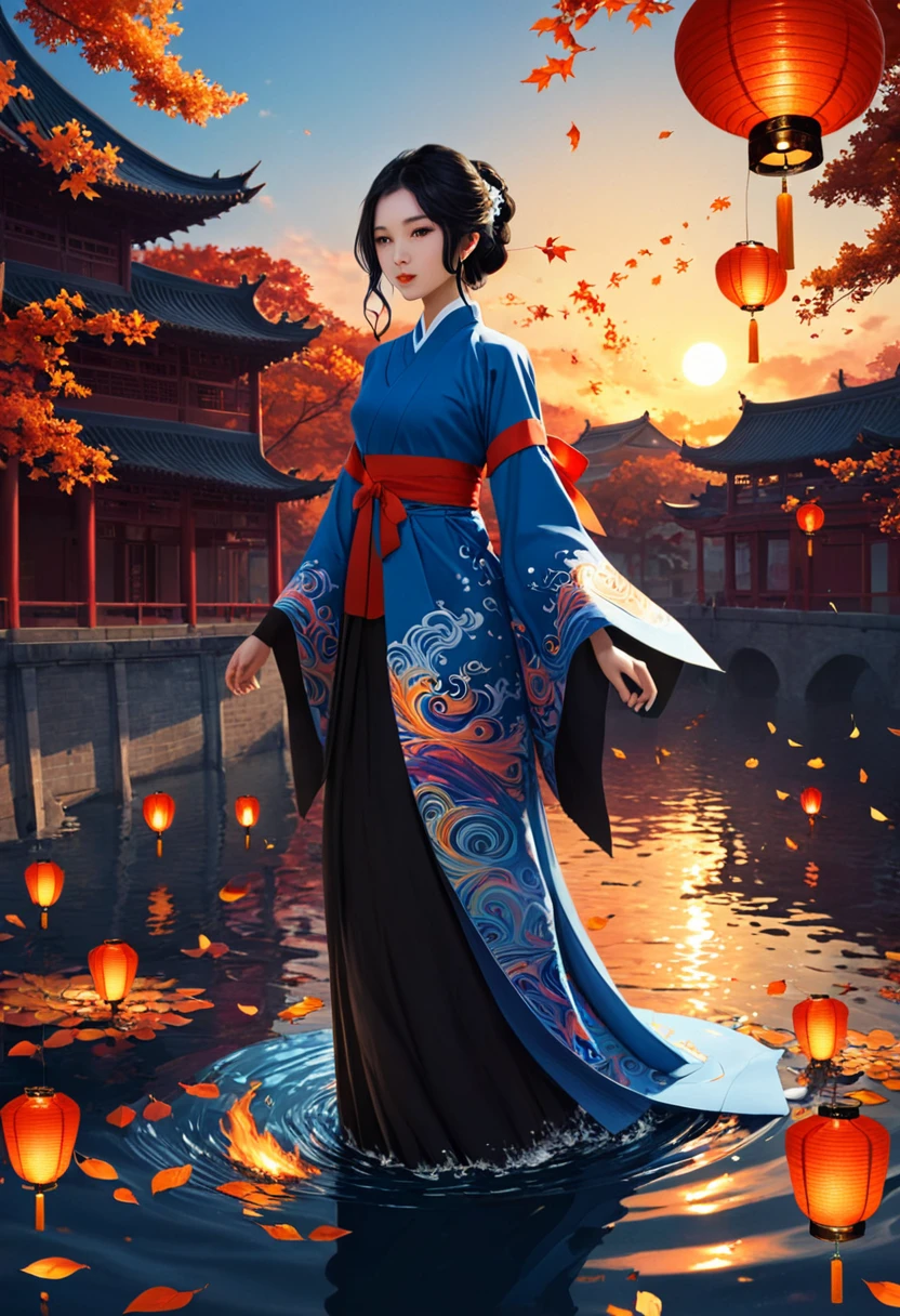 official art, unity 8k wallpaper, ultra detailed, beautiful and aesthetic, masterpiece, best quality, (Fire, water, ribbon, paper cutting), (fractal art:1.3) 1girl,building, (solo:1.5), chinese_clothes, sky, outdoors, wide_sleeves, black_hair, sunset, (falling_leaves:1.2), antern, (paper_lantern:1.5),blue sky, (outdoors:1.5),hanfu, (rainbow-candy:0.8), (style-swirlmagic:0.8),