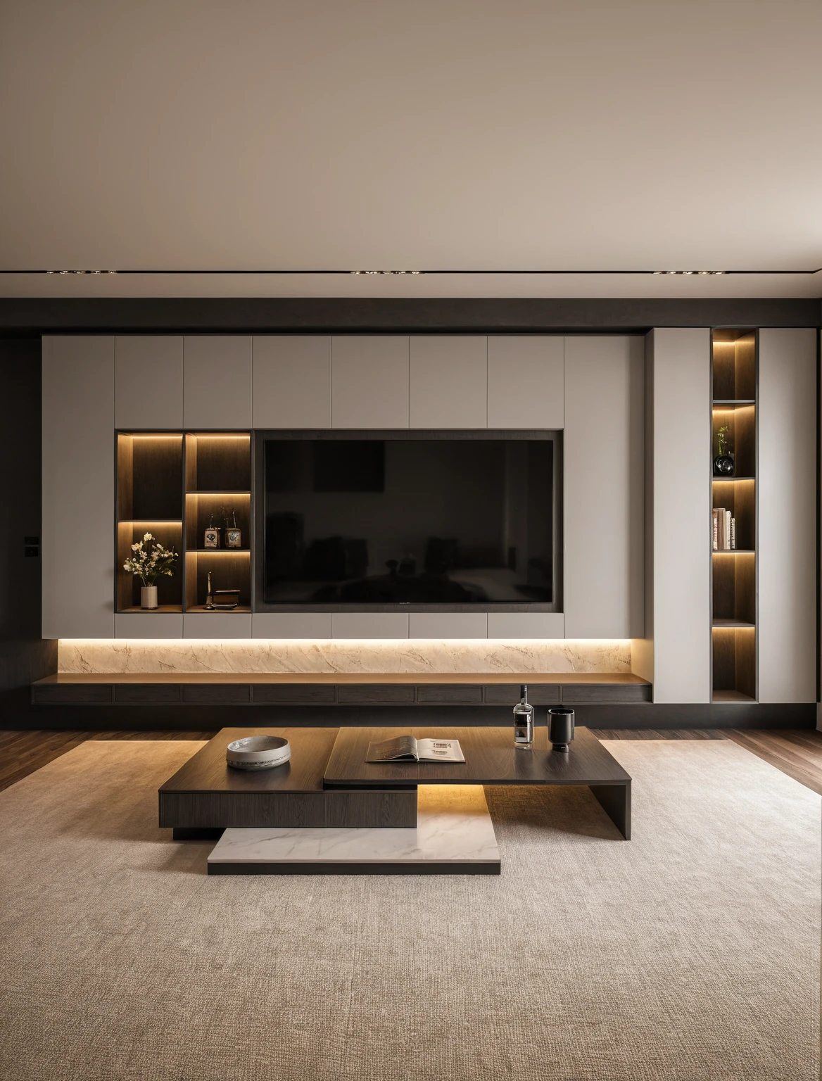Raw photo,Masterpiece, high quality, best quality, authentic, super detail, interior , sunset, daylight, living room style Modern luxury, TV cabinet, TV, decorative cabinet, books, flower vases, bottles, tea table, tray, wine bottle, open book, carpet, wooden floor, curve, (GRAY tones))