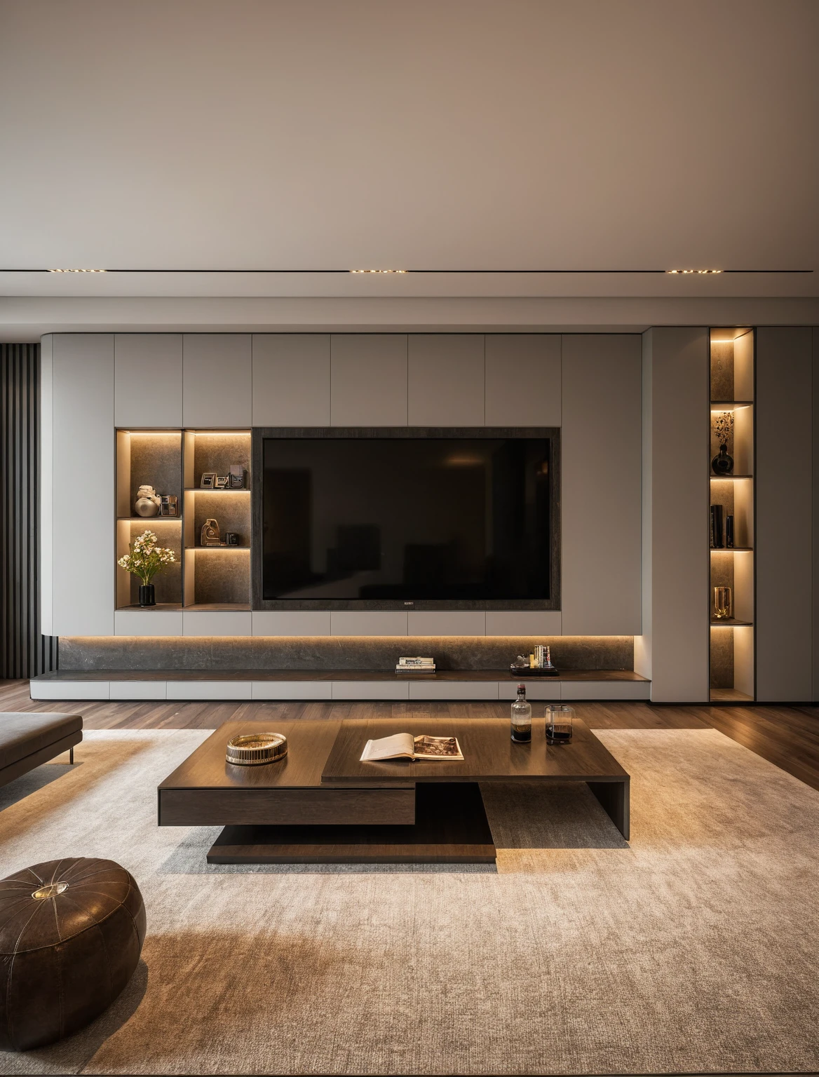 Raw photo,Masterpiece, high quality, best quality, authentic, super detail, interior , sunset, daylight, living room style Modern luxury, TV cabinet, TV, decorative cabinet, books, flower vases, bottles, tea table, tray, wine bottle, open book, carpet, wooden floor, curve, (GRAY tones))