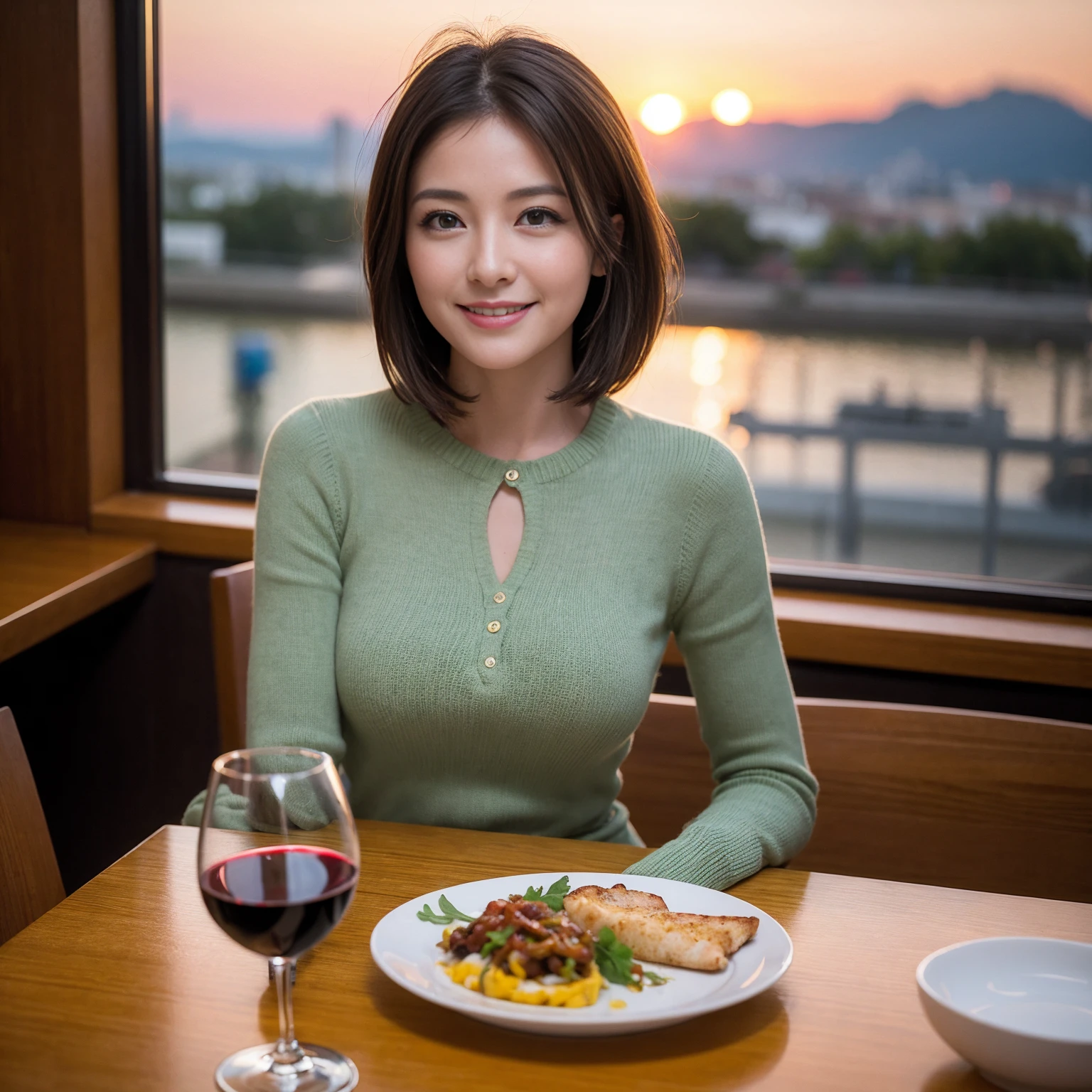 ((Highest quality、8K、masterpiece:1.3))、Yuuko Araki、slimカップル、modelカップル、(Realistic, Intricate details:1.2), full-course dinner、Wine Party、Amazing view of the sunset sky and clouds、A bright smile、The wonderfulness of smile、Bright image、The beauty of wine, Beautiful Face, blue eyes, The light shines on your face, Blushing, short hair,Bright Face、 (Age 37), 39 years old, red wine 、Appetizers、Italian food、Wine bottle、Champagne、sparkling wine、Two beauties、Brown Hair、Shortcuts、Long sleeve shirt、dress、Beautiful woman 1, (slimな顔), (The body is slim), (Brown Hair), (Shortcuts), cheeks turn a little red,Attractive beauty、restaurant, In a prominent place (From the waist up) Nova Frog Style, actress, model, Upper Body, White wine, slim, wine glass, 中央に置かれたwine glass, smile, (smile: 1.15), Beautiful fine grain, Depth f/2,saturation, High Contrast, Strong light and shadow,Moist Body:1.5、3D texture、Delicate eyes、Brown Hair、The hair is very shiny、