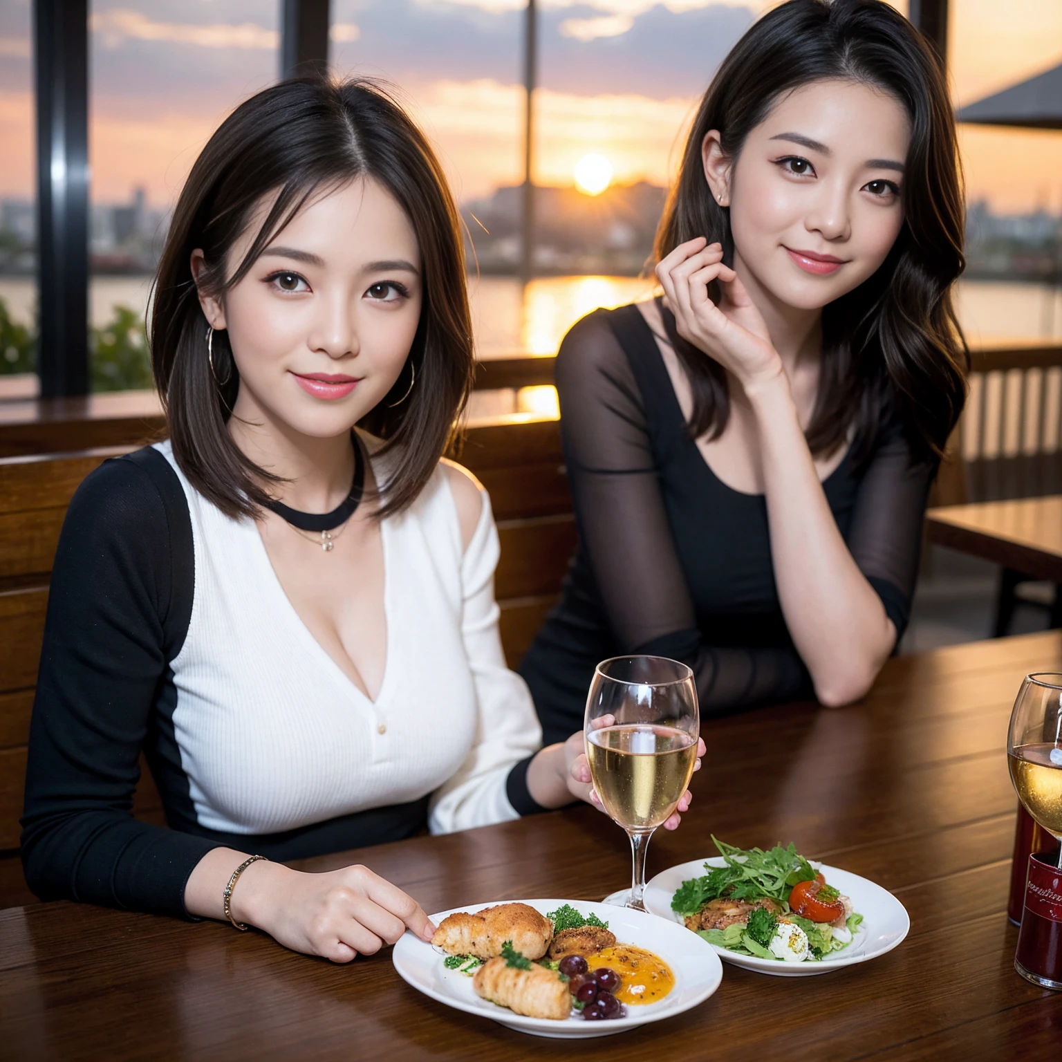 ((Highest quality、8K、masterpiece:1.3))、Yuuko Araki、slimカップル、modelカップル、(Realistic, Intricate details:1.2), full-course dinner、Wine Party、Amazing view of the sunset sky and clouds、A bright smile、The wonderfulness of smile、Bright image、The beauty of wine, Beautiful Face, blue eyes, The light shines on your face, Blushing, short hair,Bright Face、 (Age 37), 39 years old, red wine 、Appetizers、Italian food、Wine bottle、Champagne、sparkling wine、Two beauties、Brown Hair、Shortcuts、Long sleeve shirt、dress、Beautiful woman 1, (slimな顔), (The body is slim), (Brown Hair), (Shortcuts), cheeks turn a little red,Attractive beauty、restaurant, In a prominent place (From the waist up) Nova Frog Style, actress, model, Upper Body, White wine, slim, wine glass, 中央に置かれたwine glass, smile, (smile: 1.15), Beautiful fine grain, Depth f/2,saturation, High Contrast, Strong light and shadow,Moist Body:1.5、3D texture、Delicate eyes、Brown Hair、The hair is very shiny、