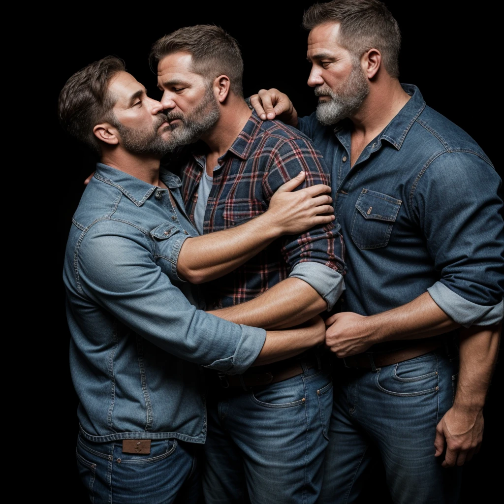 "8KUHD Create a professional studio-style photograph featuring two middle-aged, burly, and rugged men in lumberjack attire. They have beards, caps, checkered shirts, and worn-out jeans. They are kissing each other, their faces almost close, mouths glued together , in a romantic and virile scene. Utilize all appropriate lighting techniques for studio photography. The background should be black." HDR