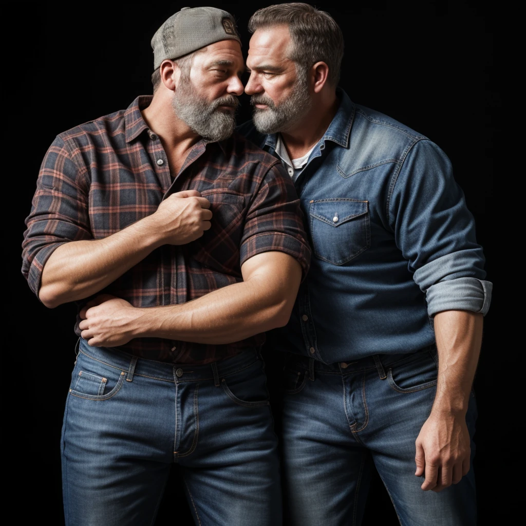 "8KUHD Create a professional studio-style photograph featuring two middle-aged, burly, and rugged men in lumberjack attire. They have beards, caps, checkered shirts, and worn-out jeans. They are kissing each other, their faces almost close, mouths glued together , in a romantic and virile scene. Utilize all appropriate lighting techniques for studio photography. The background should be black." HDR