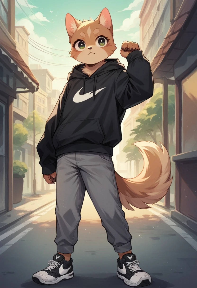 A realistic portrait-style image of an adorable orange-brown cat standing on two legs, wearing a black Nike hoodie and gray pants. The dog should have a cute, expressive face with large eyes and should be in a pose with its arms spread out to the sides. The background should resemble a city street. The image should be in 4K quality with an aspect ratio of 9:16, vertical format.