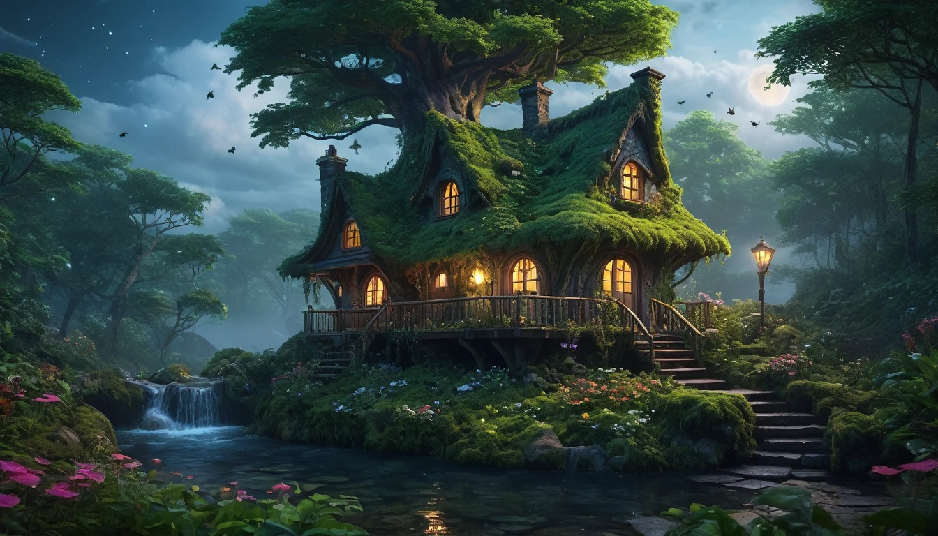 (best quality, 4k, 8k, highres, masterpiece:1.2), ultra-detailed, (realistic, photorealistic, photo-realistic:1.37), Cozy witch cottage deep in in the middle of a dense forest, Comes with a bouncing mushroom roof, lush greenery, sparkling waterfalls, dainty flowers, serene atmosphere, peaceful lakeside, celestial stars, stunning architecture, mystical fog, harmonious colors, surreal ambiance, dream-like, imagination, tranquil haven, nocturnal magic, dense foliage, thick trees, overgrown vegetation, secluded, deep woods, night, overcast sky, thick clouds covering the sky. Surreal, 8K, bright colors, Clear and sharp images.
