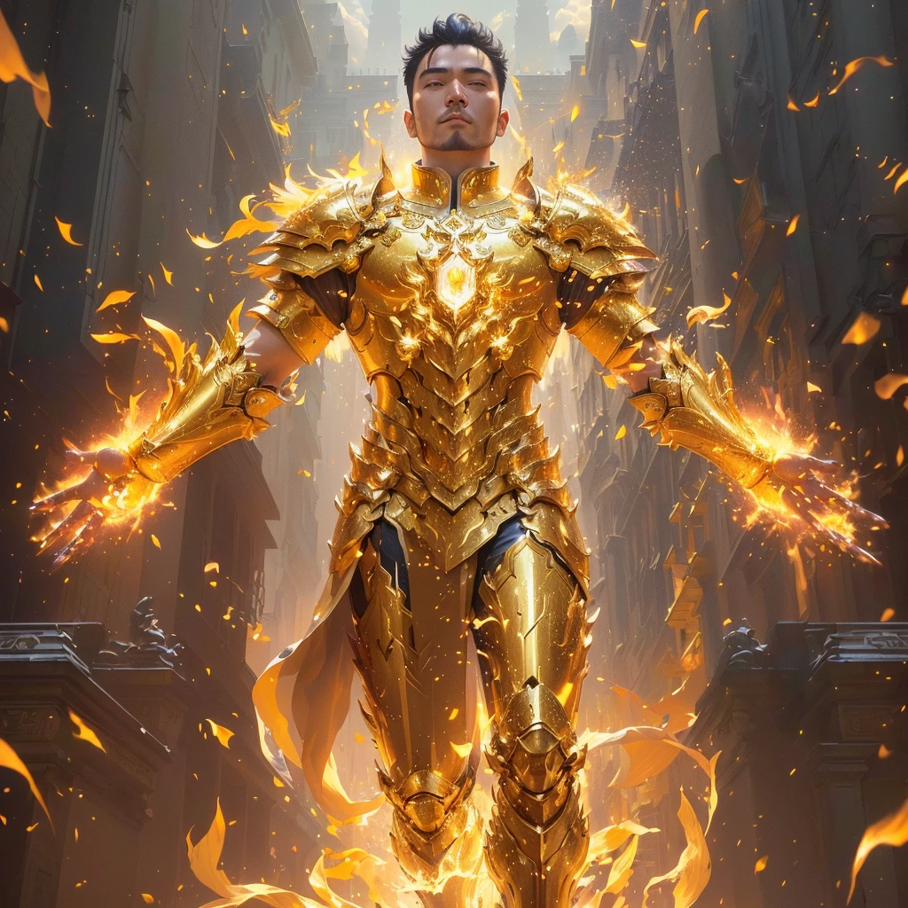 arafed image of a man in golden armor standing in front of a building, Ross Tran 和 Bayard Wu, Wojtek Fuss, holy fire spell art, Firecaller Armor, Gold Paladin, Pan Chengwei on artstation, Angel Gold Armor, Ross Tran 8k, Popular on artstation 4k, Inspired by Li Gonglin