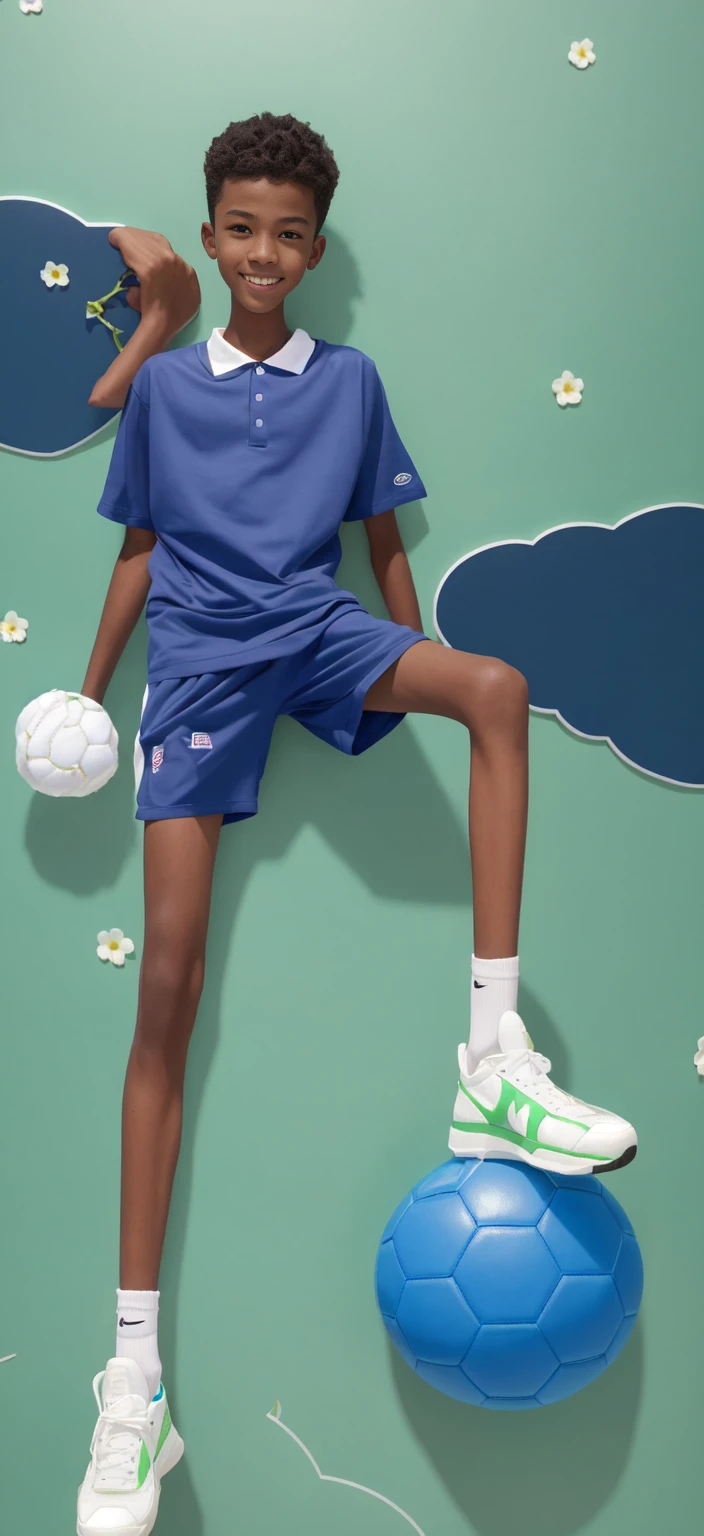 14 year old boy,(Wearing white tennis clothes,Wearing green socks),Dark skin,Big round eyes,Very short hair,Tall and skinny,Toothy Smile,Sharpen details,Knee muscle lines,Blue Background,Hold a bouquet of flowers in your hand