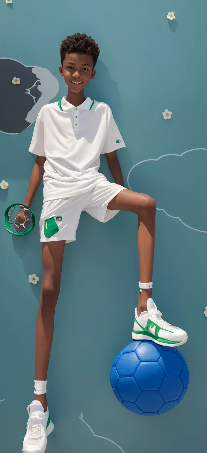 14 year old boy,(Wearing white tennis clothes,Wearing green socks),Dark skin,Big round eyes,Very short hair,Tall and skinny,Toothy Smile,Sharpen details,Knee muscle lines,Blue Background,Hold a bouquet of flowers in your hand