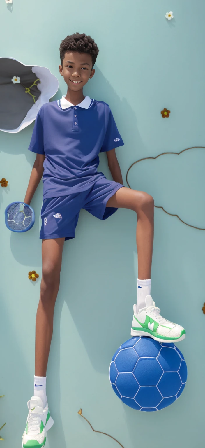 14 year old boy,(Wearing white tennis clothes,Wearing green socks),Dark skin,Big round eyes,Very short hair,Tall and skinny,Toothy Smile,Sharpen details,Knee muscle lines,Blue Background,Hold a bouquet of flowers in your hand