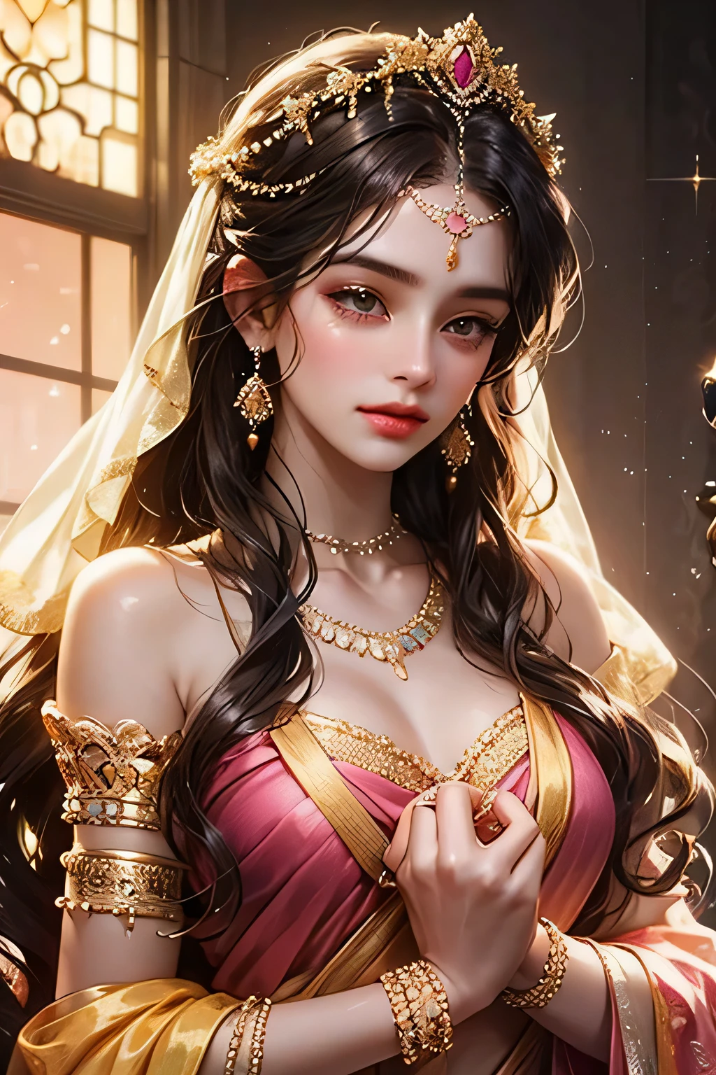 Goddess, very beautiful, animated style, closeup shot, anime in a yellow and pink combination indian saree, long black wavy hair untied, head jewellery, head clips, head chains, head tiara, necklace, long and beautiful earings, armlets, bangles and bracelets, rings, pleasant expression, bright big black eyes, holding a flower, natural beauty, vibrant colors, dreamy, northern light, pink bubble, romantic, soft lighting, vintage aesthetic