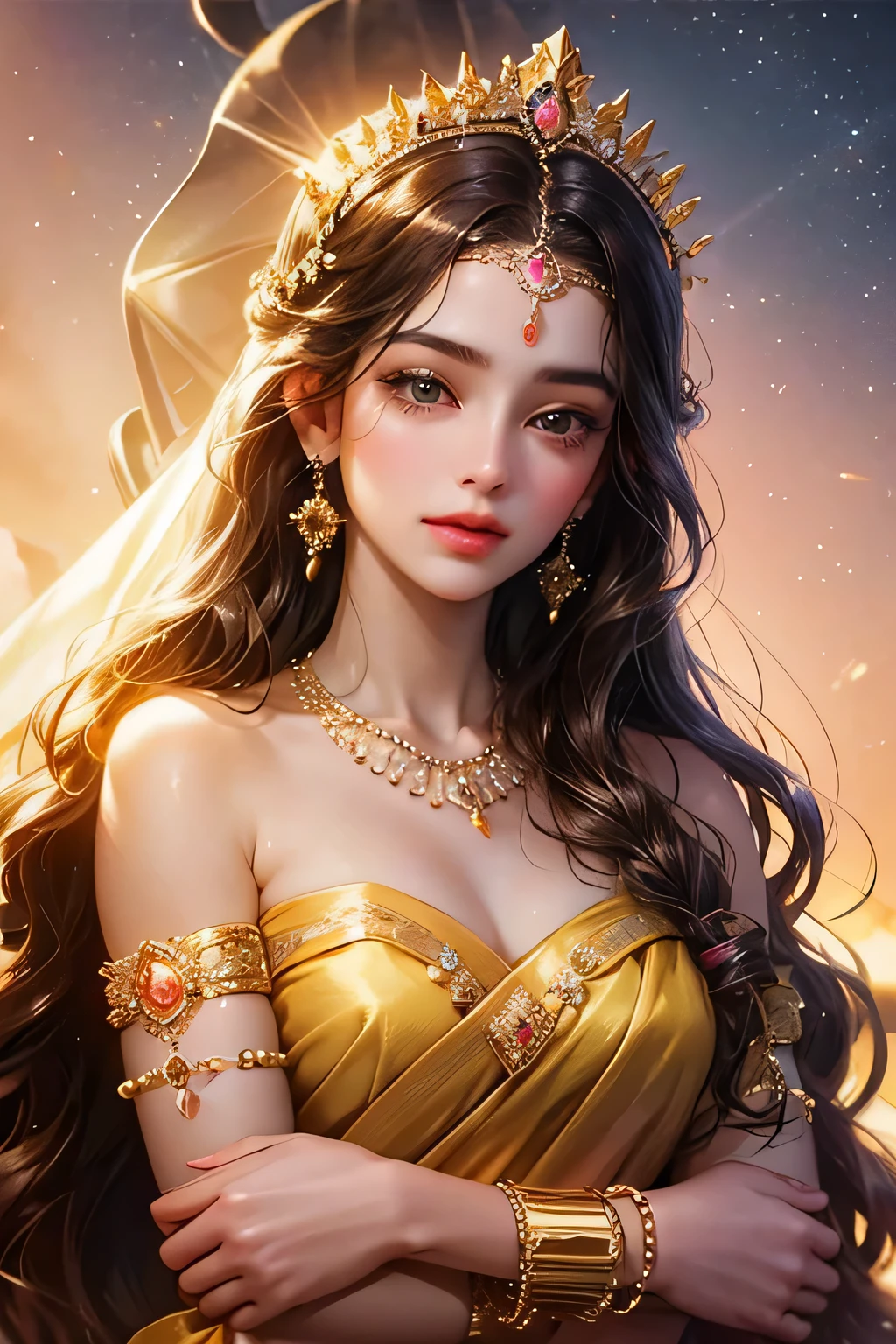 Goddess, very beautiful, animated style, closeup shot, anime in a yellow and pink combination indian saree, long black wavy hair untied, head jewellery, head clips, head chains, head tiara, necklace, long and beautiful earings, armlets, bangles and bracelets, rings, pleasant expression, bright big black eyes, holding a flower, natural beauty, vibrant colors, dreamy, northern light, pink bubble, romantic, soft lighting, vintage aesthetic
