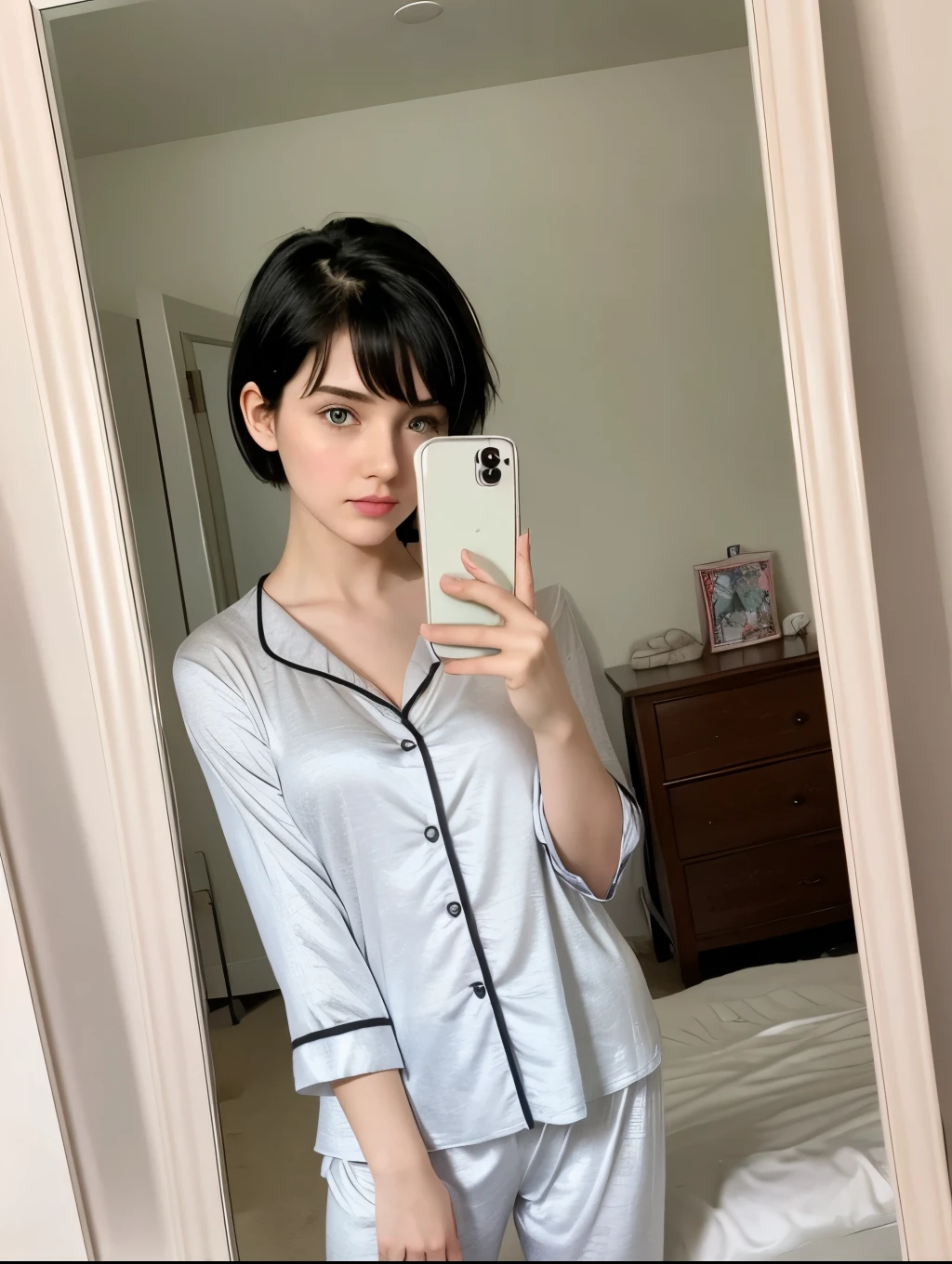 1 Cute Girl, short black hair, pale skin, pajamas, selfie in front of the mirror, bedroom, 16 megapixel quality, confident girl with her chin pouting