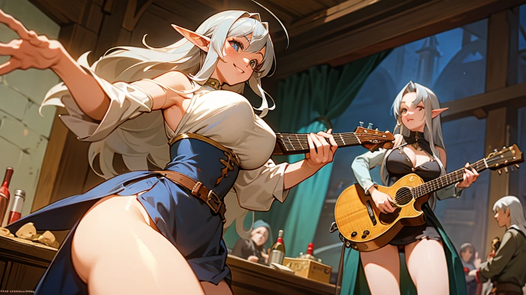 Anime Style,Nostalgic,Detailed background,The medieval world,A lively bar with lots of people,Smiling bard silver-haired beautiful elf,guitar,Large Breasts,Healthy thighs,Underarm
