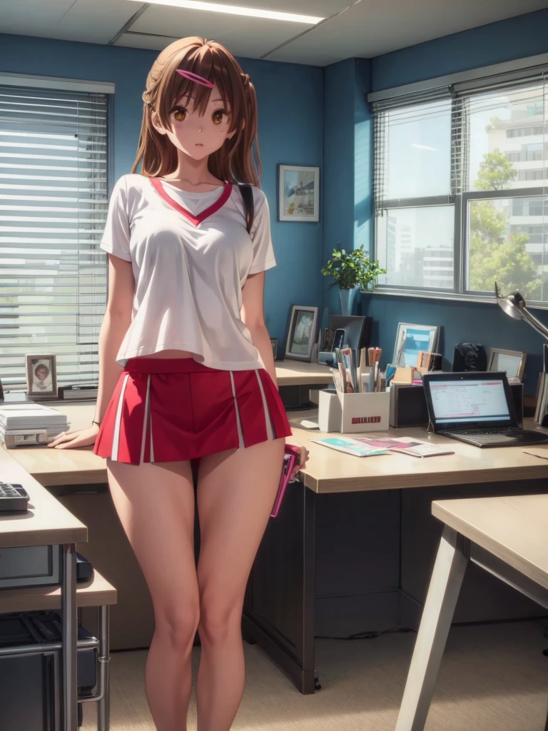 Girl, short tight skirt, White tight Blouse, You can see her breasts,  Director's Office background, Huge window, openlegs, Sneakers, Bare chest, small breast, slim body, You can see the thong