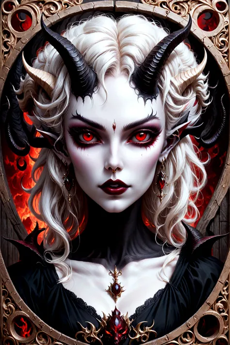 arafed image of a woman with horns and red eyes, beautiful elegant demon queen, white horns queen demon, vampire portrait, portr...