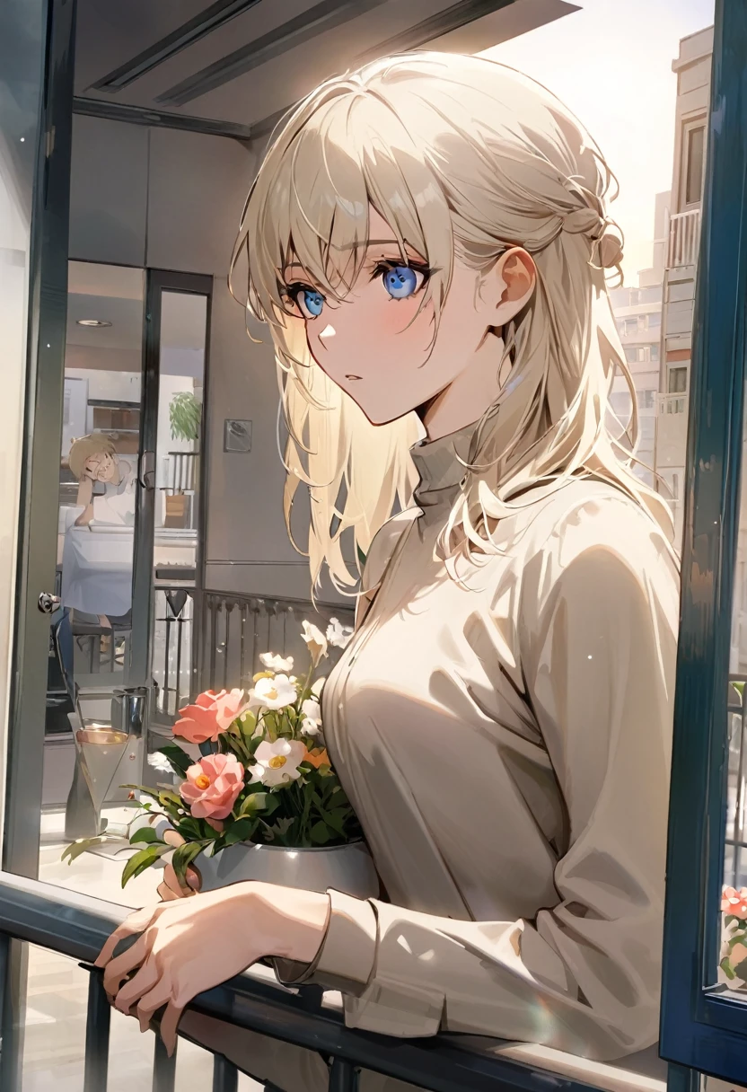 Manga cover style, detailed.
best quality, art, detailed face, in the style of lora marvin.
A 32-year-old man, slender and of medium height, with fair, flawless skin. Her platinum blonde hair is always well styled and her deep blue eyes are highlighted by eyeliner.

he is on the balcony of an apartment with flowers