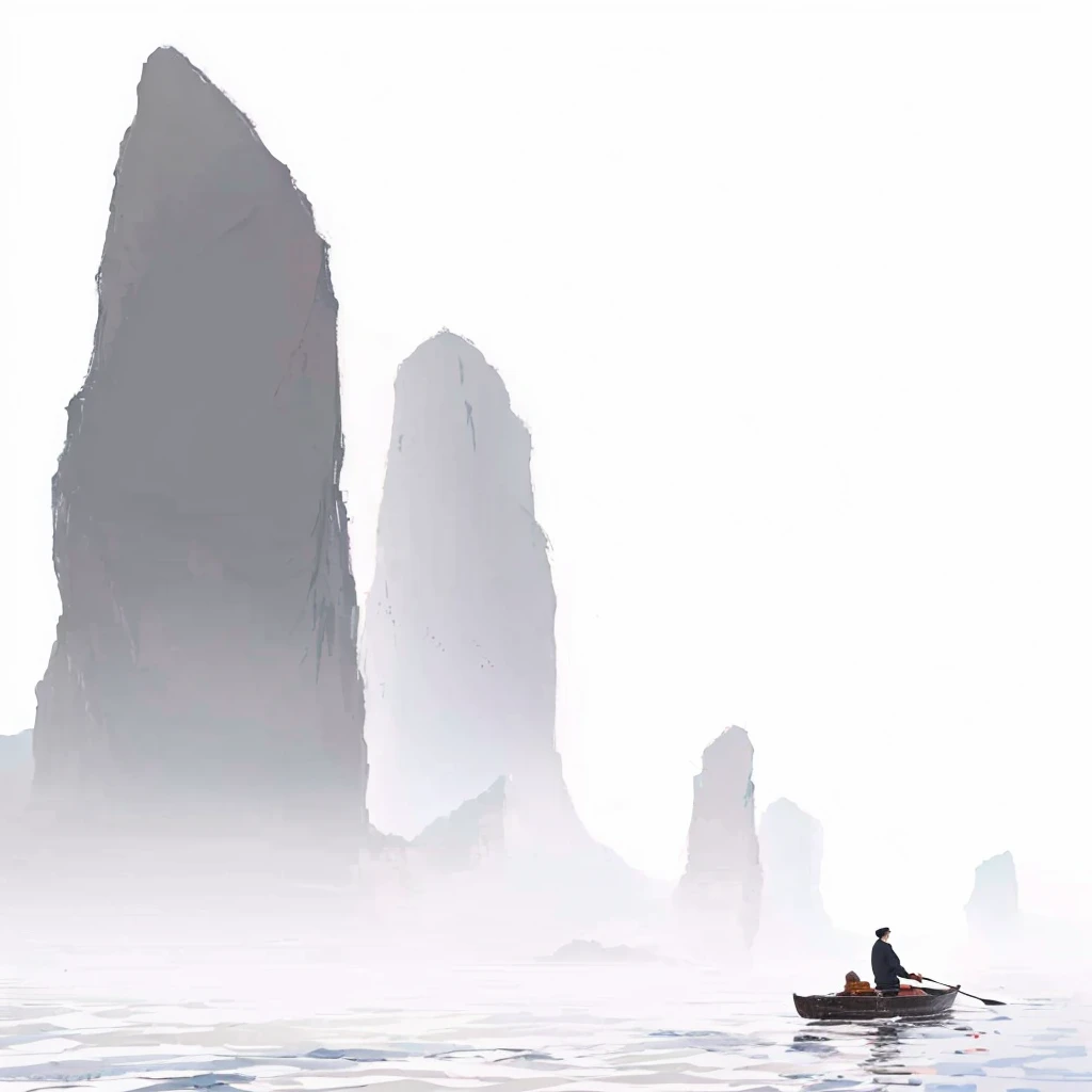 There is a man in a boat in the middle of the water, Floating mountains, by Xia Yong, by Cheng Jiasui, by Qu Leilei, author:Song Xu, Nguyen Gia, author:Xia Gui, author:Ye Xin, Fanhao Photography, author:Yang Jin, Zhang Xuan, Chinese painting style, Pan Tianshou