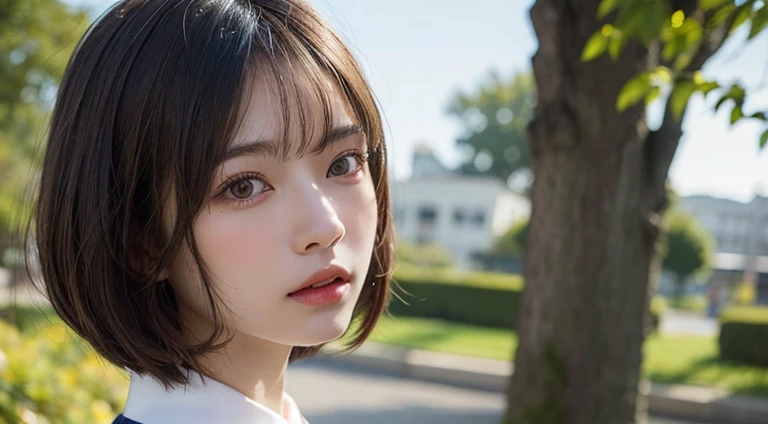 (Bob Cut Hair:1.2),(Wearing school uniform:1.2),1 girl,Japanese,21 years old,(Small breasts:1.3),(Highest quality,masterpiece:1.3,超A high resolution,),(Ultra-detailed,Caustics),(Photorealistic:1.4,RAW shooting,)Ultra-Realistic Capture,Very detailed,High resolution 16K human skin close-up。 Natural skin texture、,Pores、、It needs to be detailed enough to be easily identifiable。 Skin should be even-toned and healthy looking。 Use natural light and colour, Sad expression, Looking at the camera, Perfect dynamic composition, Outdoor