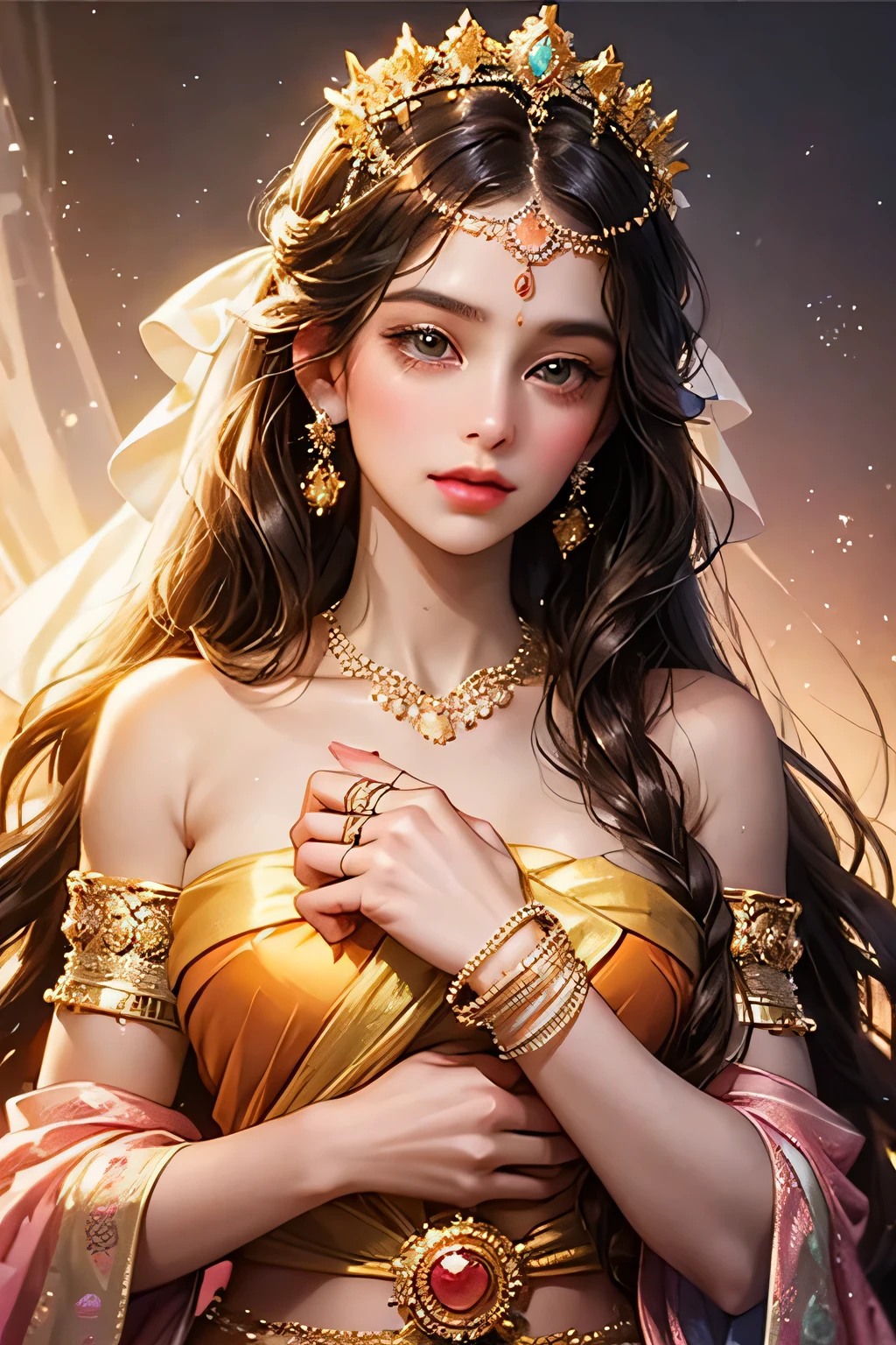 Goddess, very beautiful, animated style, closeup shot, anime in a yellow and pink combination indian saree, long black wavy hair untied, head jewellery, head clips, head chains, head tiara, necklace, long and beautiful earings, armlets, bangles and bracelets, rings, pleasant expression, bright big black eyes, holding a flower, natural beauty, vibrant colors, dreamy, northern light, pink bubble, romantic, soft lighting, vintage aesthetic