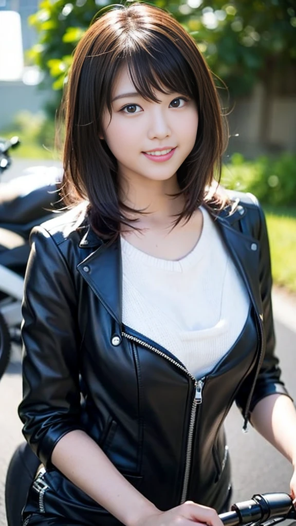 Close-up of a cute Japanese girl riding a motorcycle,