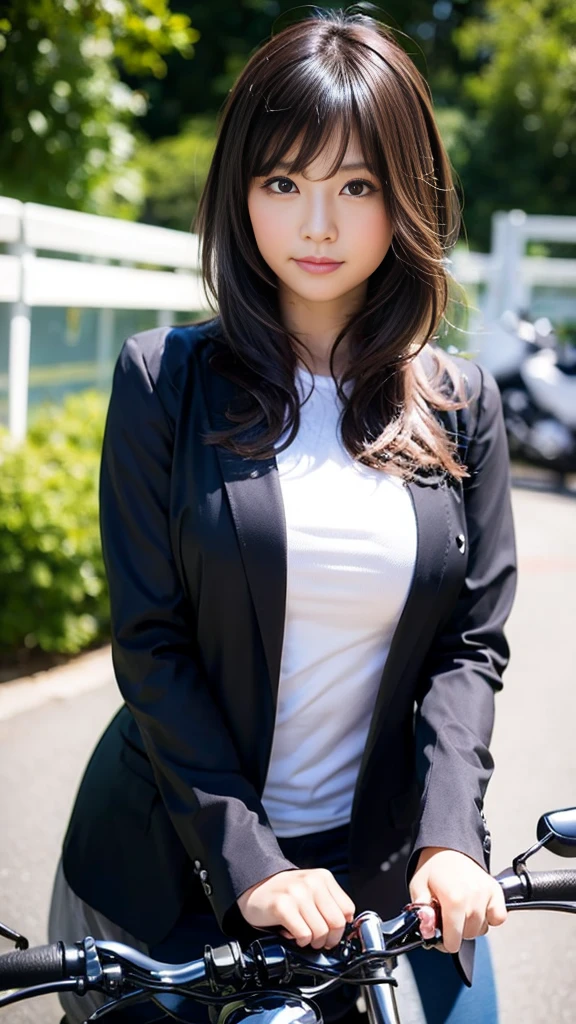 Close-up of a cute Japanese girl riding a motorcycle,