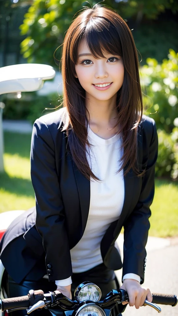 Close-up of a cute Japanese girl riding a motorcycle,