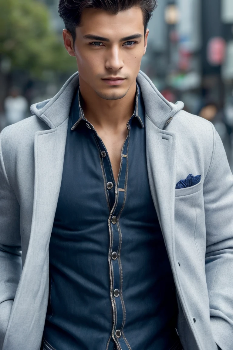 ((High quality, masterpiece, very high resolution, skin with fine details, eyes with fine details), a picture of a man with a jacket, showing off in japan, 1boy, male focus, solo, jacket, realistic
