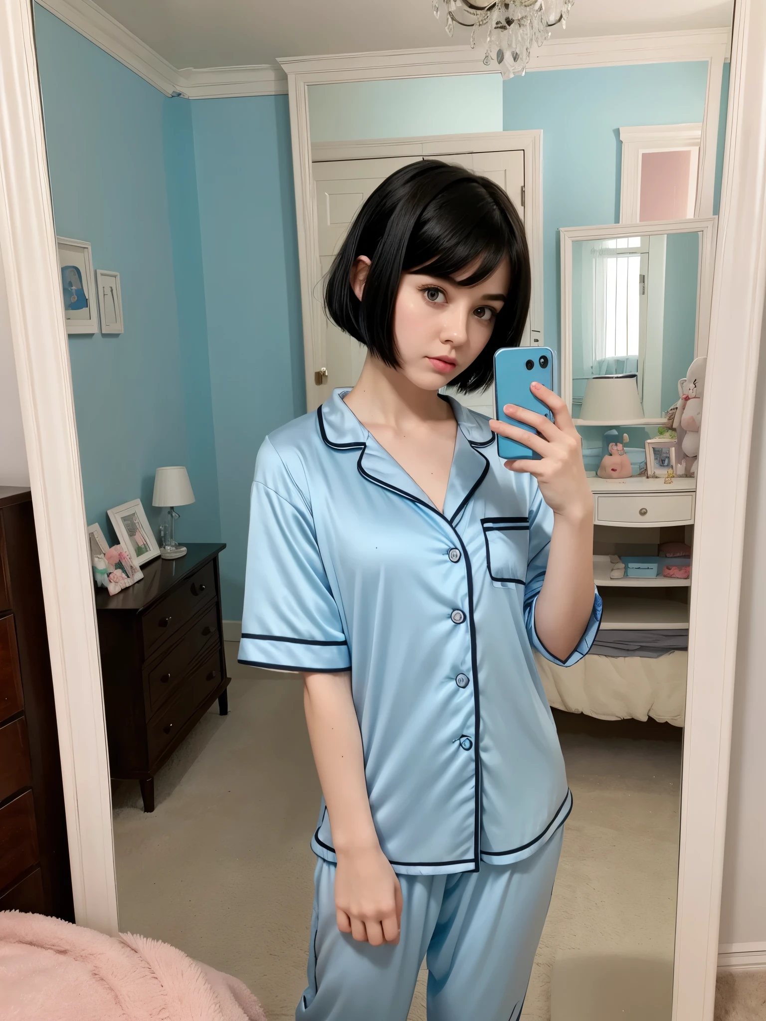 1 Cute Girl, short black hair, pale skin, blue cat pajamas, selfie in front of the mirror, bedroom, reasonable quality, confident girl with her chin pouting