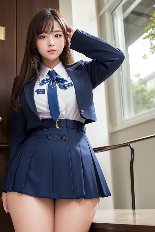 ((Highest quality)), ((masterpiece)), (Erotic), One girl, sexy,Plump,Thick thighs,High exposure,Low - Angle,high school girl,uniform