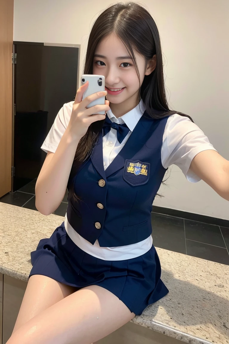 (8k), (highest quality: 1.2), (realistic), (realistic: 1.37), ultra high resolution, 1 girl, cute, smile, closed mouth, beautiful details, beautiful nose, whole body, wet hair, giant dulcefo, pork, school uniform, thighs，selfie,Navel exposed,