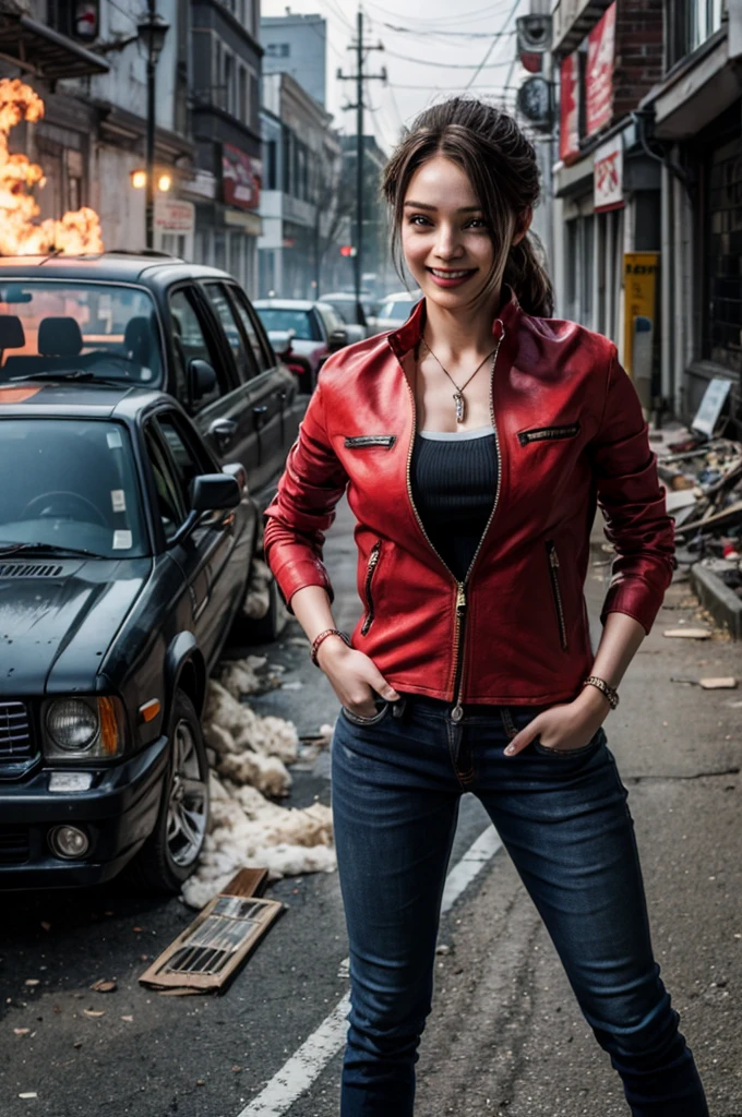 1girl, (realistic),(hyperrealism),(best quality),(masterpiece),(ultra high res),(photorealistic),idol,eye makeup,detailed eyes,detailed face,black dress, claireredfield2, brown hair, (red jacket:1.2), ponytail, (denim pants:1.3),, red wristband,, abandoned street, burning cars in background, littered street, smoke, chaos, zombie apocalypse, daytime, sunny,, hands in pocket, looking at viewer, smiling, closeup shot