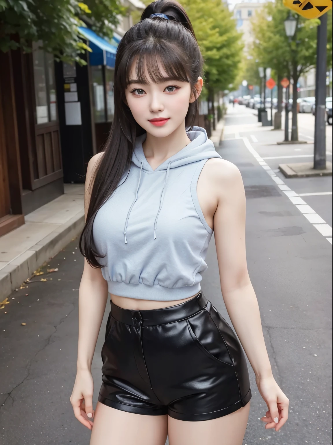 (Best quality, masterpiece, detailed), (RAW, 4k, hd images), 1 girl, 17 years old, white skin, long hair, ponytail, layers hair, bangs, black hair, beautiful girl, cute girl, sweet girl, pretty girl, perfect girl, perfect body, pretty eyes, blue eyes, thin lips, (eye line, lip soft), perfect round breast, glasses(detailed frame), detailed features of face design, outdoors, smile, thigh, legs, sleeveless hoodie, short pants, full body, standing facing camera