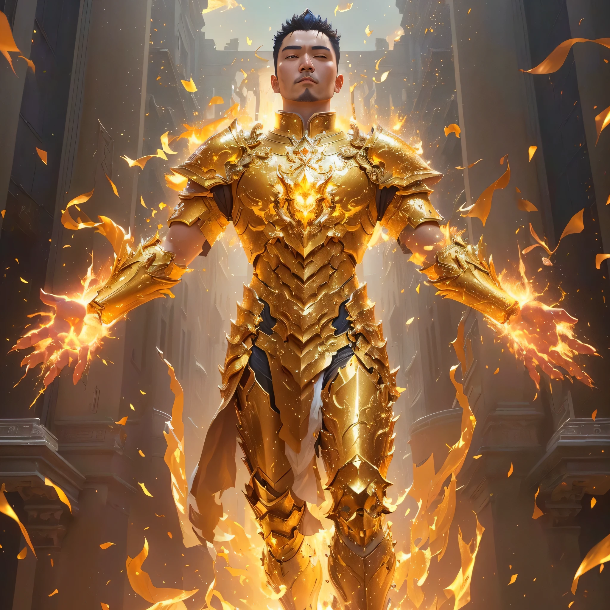 arafed image of a man in golden armor standing in front of a building, Ross Tran 和 Bayard Wu, Wojtek Fuss, holy fire spell art, Firecaller Armor, Gold Paladin, Pan Chengwei on artstation, Angel Gold Armor, Ross Tran 8k, Popular on artstation 4k, Inspired by Li Gonglin