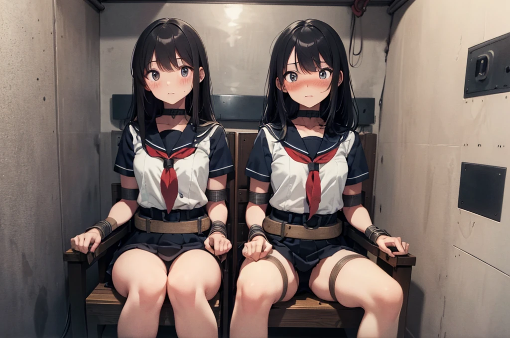 2 girls, ((inside tiny room, strapped to chairs)), (sitting:1.5), (bondage chair:1.5), (blushing:1.5), (open legs:1.5), ((basement, metal room)), (((3 girls, group of girls))), (inside torture room), arms to sides , wrist cuffs, ankle cuffs, (((shocked expression, struggling))), ((short sleeve, sailor uniform, tight clohing)), arms to sides, long hair, dark hair, saphire eyes, perfect body, perfect face, detailed face, detailed eyes, 16K