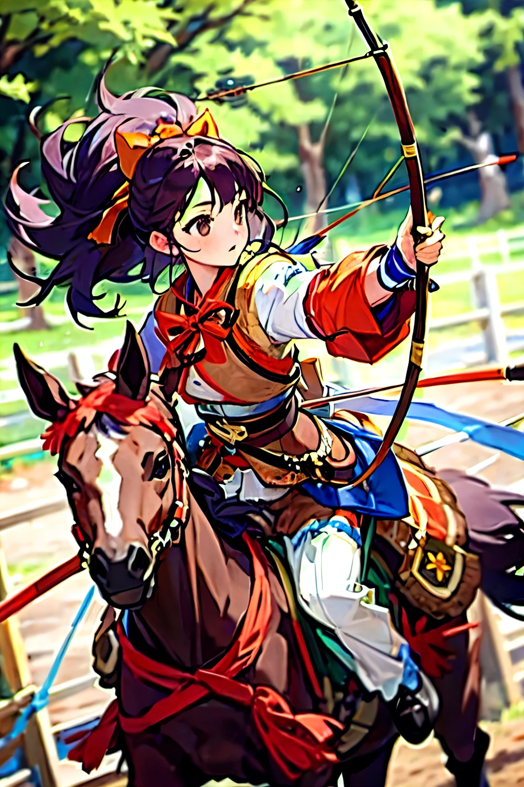 (masterpiece, best quality:1.2), yabusame, beautiful girl, horse, (horseback riding:1.2), (holding bow:1.2), (holding arrow:1.2), (aiming:1.2), (jumping:1.2), (hole body:1.2), (blurry background:1.2), 