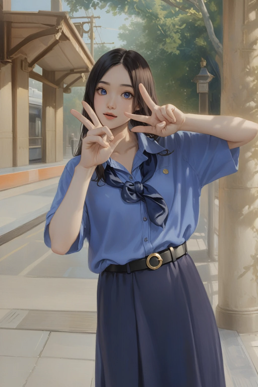 cute young girl, long hair, (wearing cornflower-blue shirt short sleeves, navy-blue neckerchief, navy-blue pleated pencil long skirt, black belt with gold circle buckle, white socks), v sign gesture hand, both hands, train platform scenery, realistic anime illustration