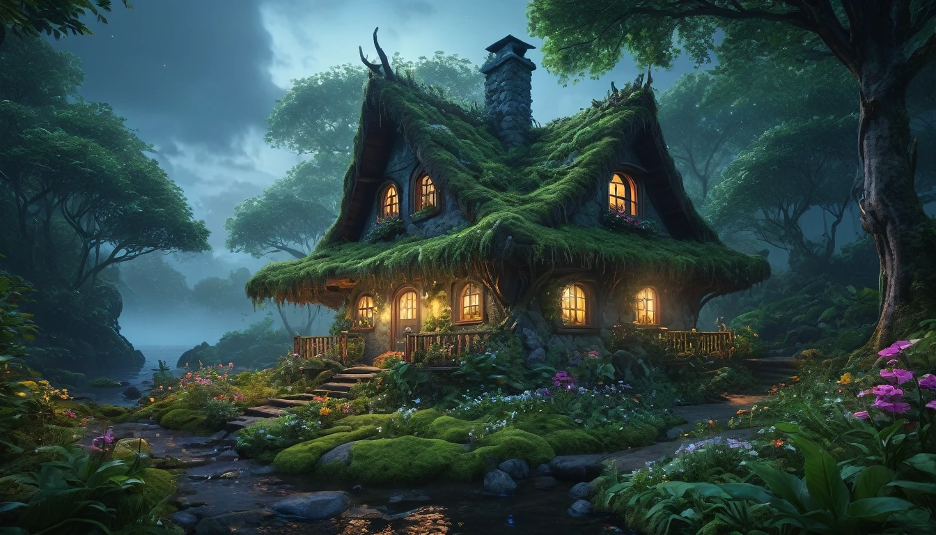 (best quality, 4k, 8k, highres, masterpiece:1.2), ultra-detailed, (realistic, photorealistic, photo-realistic:1.37), Cozy witch cottage deep in in the middle of a dense forest, Comes with a bouncing mushroom roof, lush greenery, sparkling waterfalls, dainty flowers, serene atmosphere, peaceful lakeside, mystical fog, harmonious colors, surreal ambiance, dream-like, imagination, tranquil haven, nocturnal magic, dense foliage, thick trees, overgrown vegetation, secluded, deep woods, night, overcast sky, thick clouds covering the sky. Surreal, 8K, bright colors, Clear and sharp images.