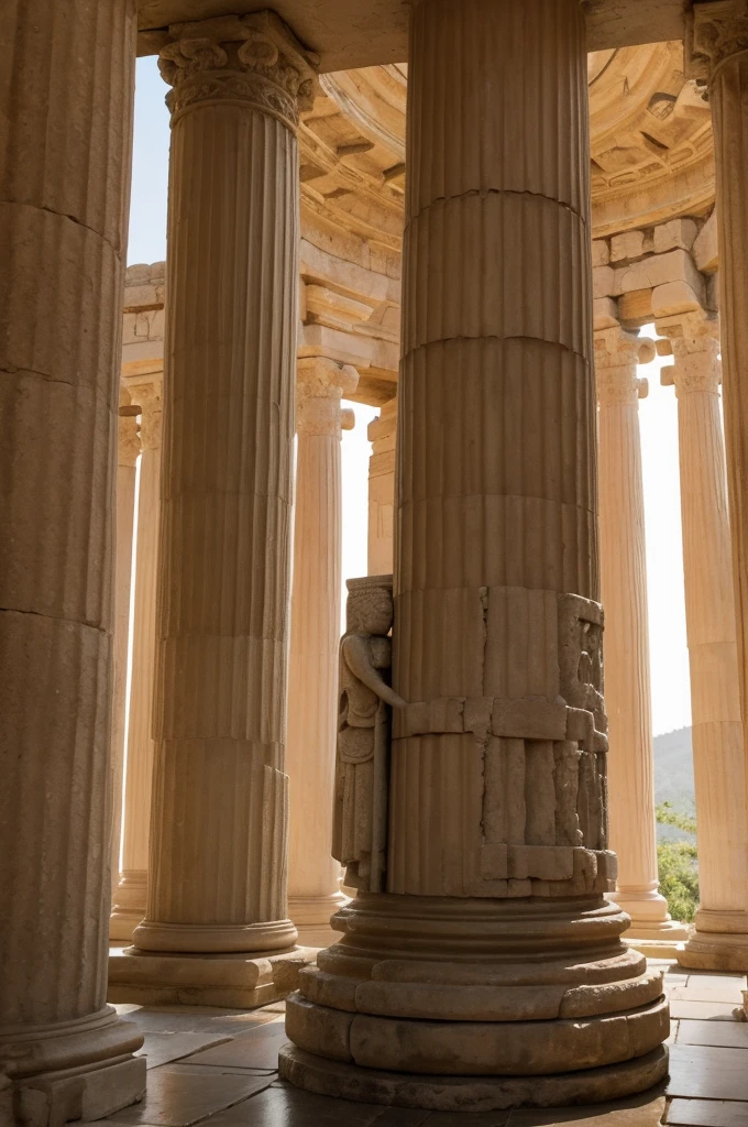 A magnificent ancient temple with many pillars. I can see the whole picture
