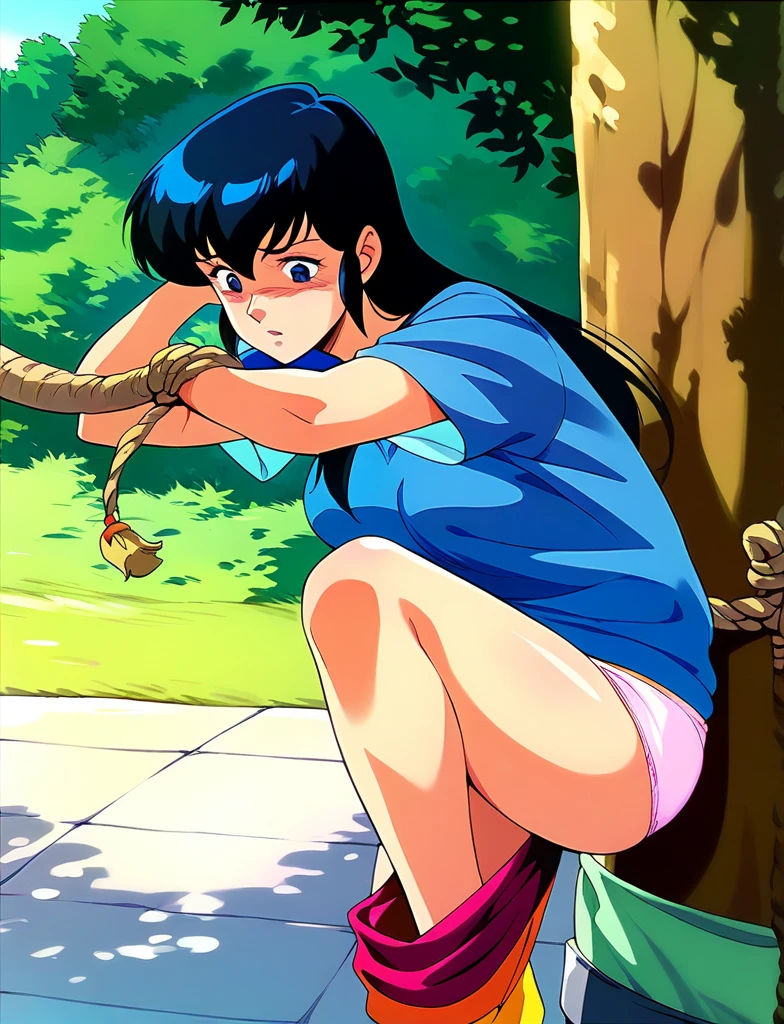 kyoko,score_9,score_8_upper,score_7_upper,sauce_アニメ,One girl,alone,Good、Panties、In underwear、Sad face、downpour、soaked、in the forest、stand、to be tied up、bondage、Bold Pose、pubic hair、Torn clothing、