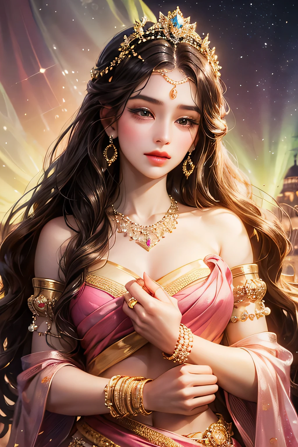Goddess, very beautiful, animated style, closeup shot, anime in a yellow and pink combination indian saree, long black wavy hair untied, head jewellery, head clips, head chains, head tiara, necklace, long and beautiful earings, armlets, bangles and bracelets, rings, pleasant expression, bright big black eyes, holding a flower, natural beauty, vibrant colors, dreamy, northern light, pink bubble, romantic, soft lighting, vintage aesthetic