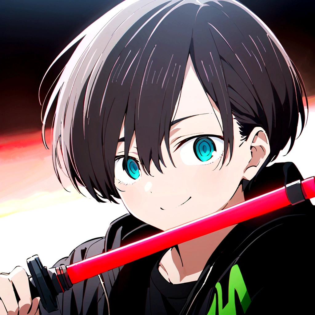 Kyoutarou Ichikawa, Red eyes, smile evil, black jacket, black t-shirt with red details, gray sports pants, sneakers, lightsaber de color rojo, lightsaber (star wars), black background, red light reflection, close view 